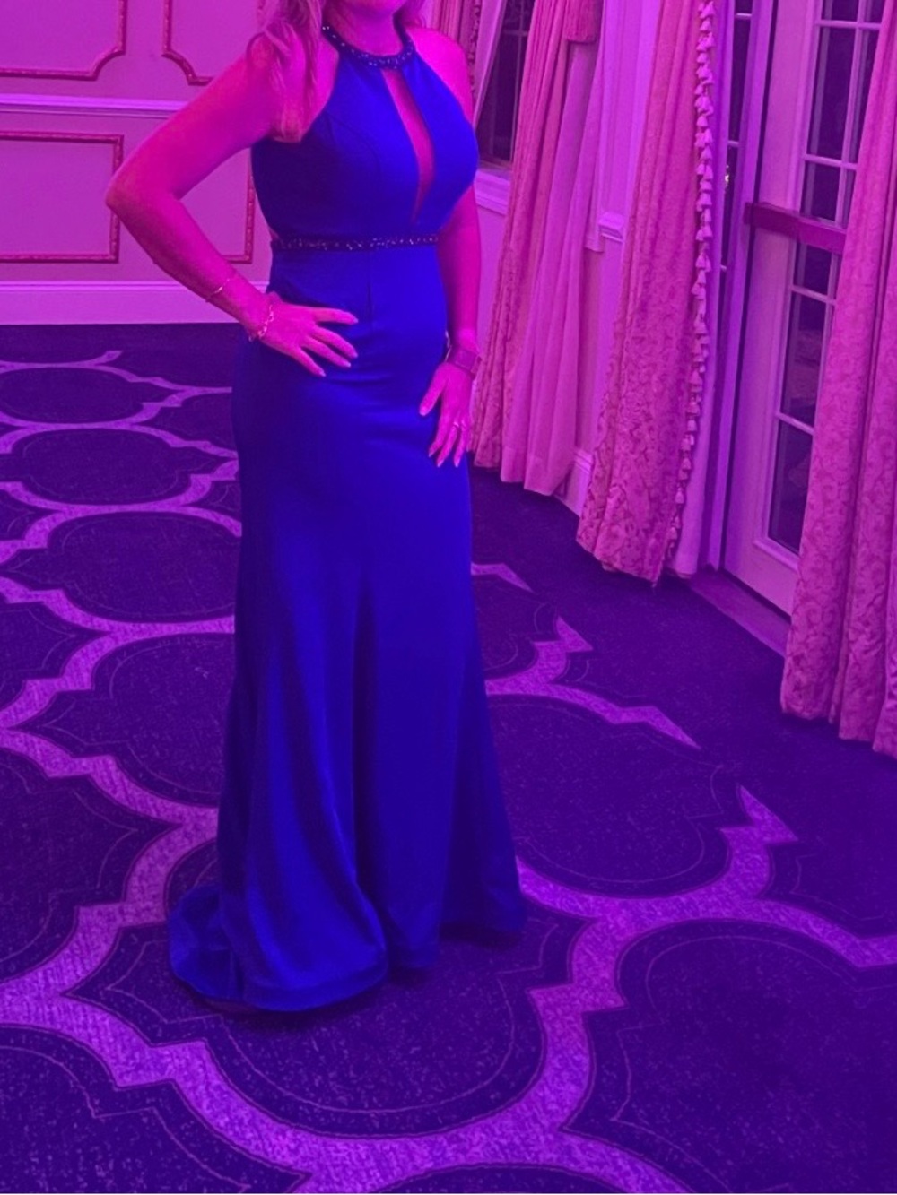 Dave & Johnny Royal Blue Halter Maxi Gown with Beaded Waist